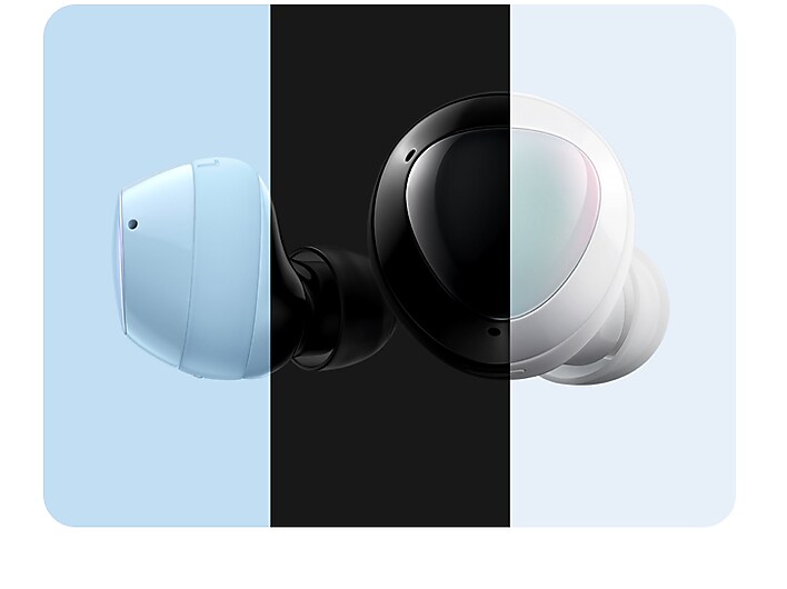 Android & iOS compatible Cloud Blue Galaxy Buds+ out of their case.