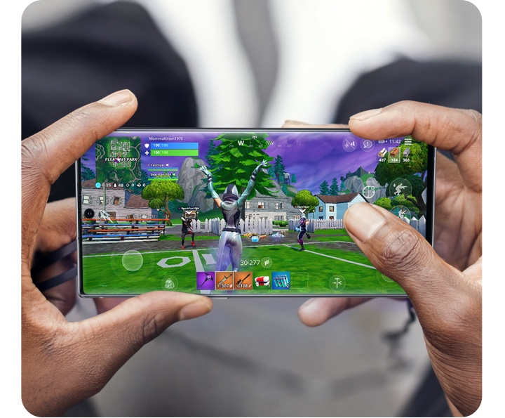 Crystal-Clear View A Fortnite player holds a Samsung Galaxy Note10 horizontally while the GLOW character performs her Levitate emote and the previous Galaxy outfits, GALAXY and iKONIK, perform emotes along with her.
