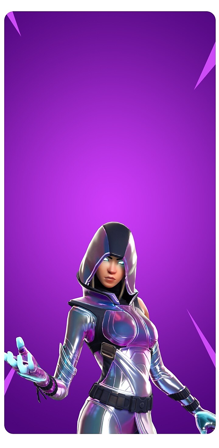 A character wearing the Samsung Galaxy Fortnite GLOW outfit poses looking at the camera with her right arm extended against a purple background.