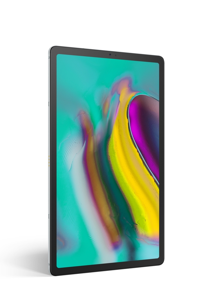 A Tab SE seen at a three-quarter angle with a turquoise, yellow, and purple abstract design on the screen. A Tab SE seen at a three-quarter angle with a turquoise, yellow, and purple abstract design on the screen.