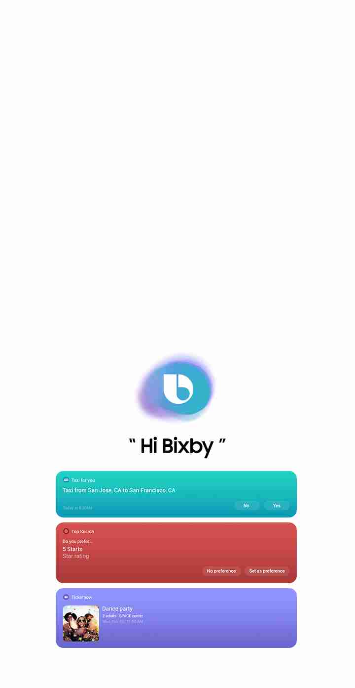 A Bixby icon above a stack of Bixby tiles showing nearby taxis, search results, and tickets to a Dance Party event. A Bixby icon above a stack of Bixby tiles showing nearby taxis, search results, and tickets to a Dance Party event.
