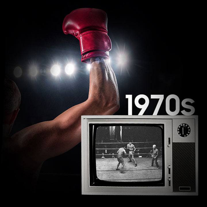 background image of a boxer with arm and gloved hand raised in victory. Showing on the screen of 1970’s era television is a black and white image of a boxing match.