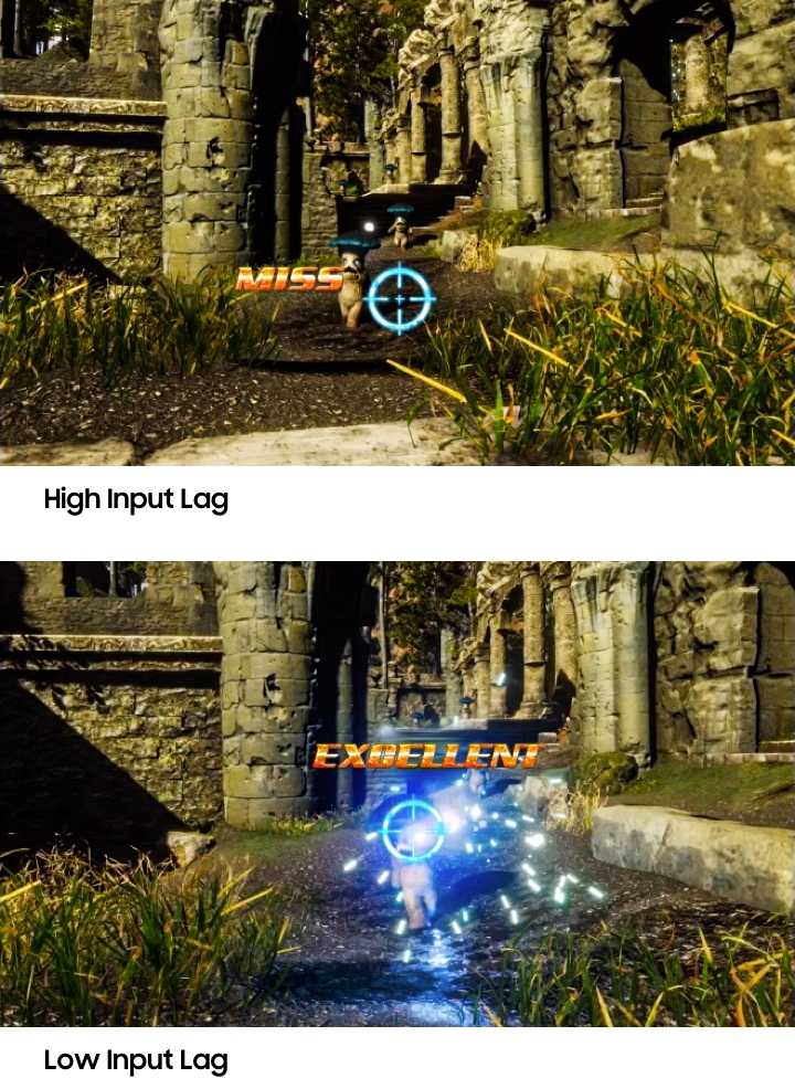 Two TV screens are comparing input lag on shooting game. 2020 QLED TV is showing less delay which is called low input lag. Low input lag TV is offering the clear picture quality when moving in game, compared to high input lag TV.