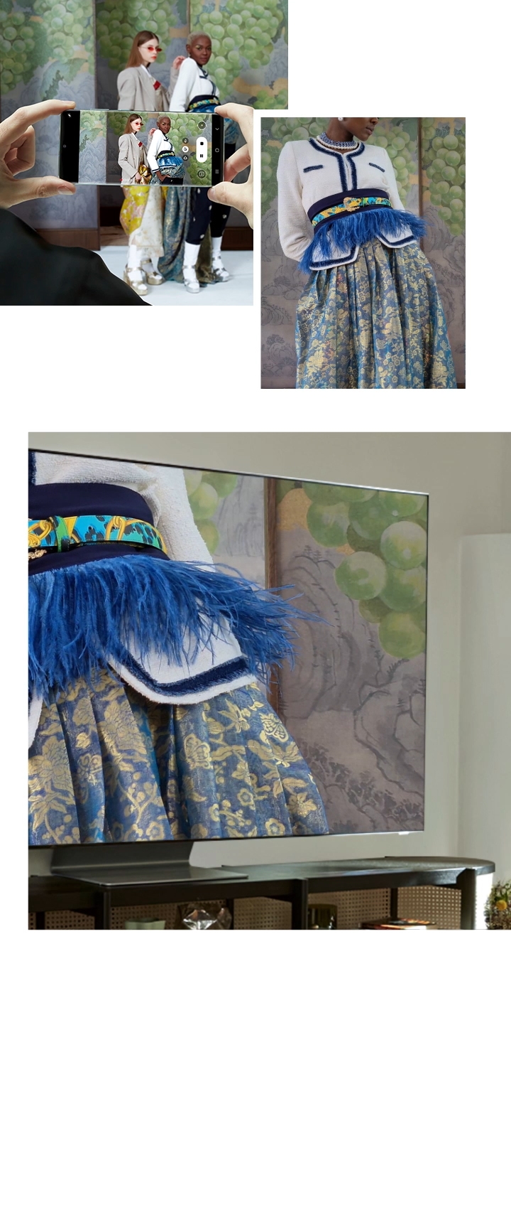 Sequential example of how two 8K videos are shot with Galaxy S20 5G and the details of the 8K videos can be seen with QLED 8K. This example is based on a fashion show, and the details of the outfit/on the fabric