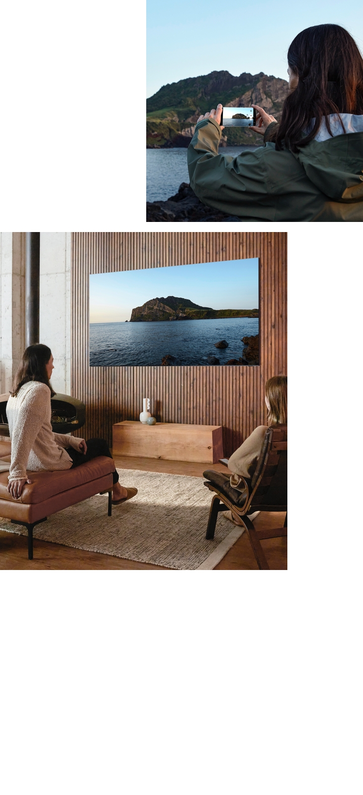 Left image is a couple admiring their travel videos shot in 8K on QLED 8K, and on the right the same man is watching his wife shoot the same video in 8K with Galaxy S20.