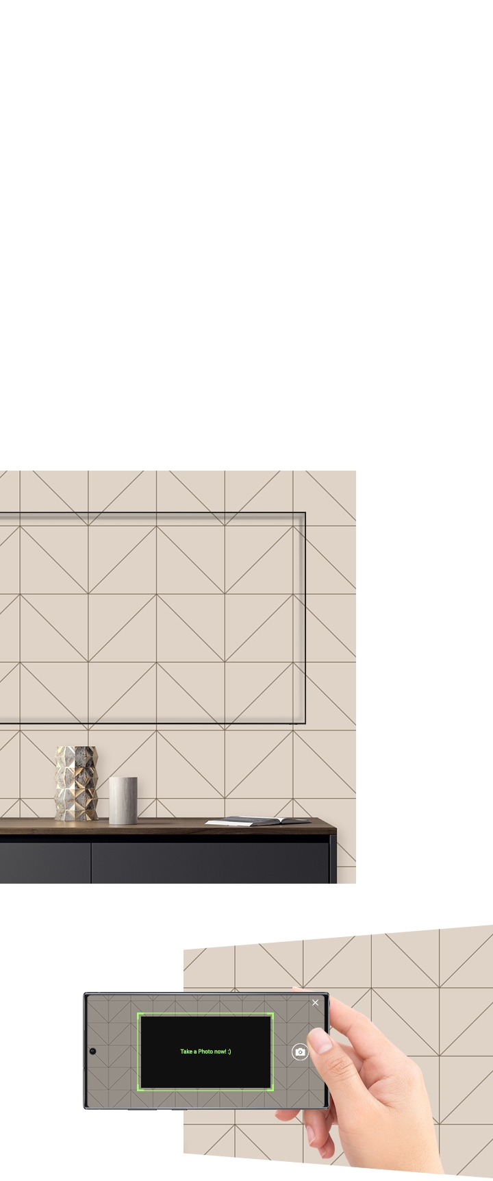 Samsung QLED TV is hanging on a patterned wall. Take a picture of the patterned wall paper using your phone, then QLED's Ambient mode is showing the wall paper's pattern which is same of the wall. It is showing the QLED TV wall design.