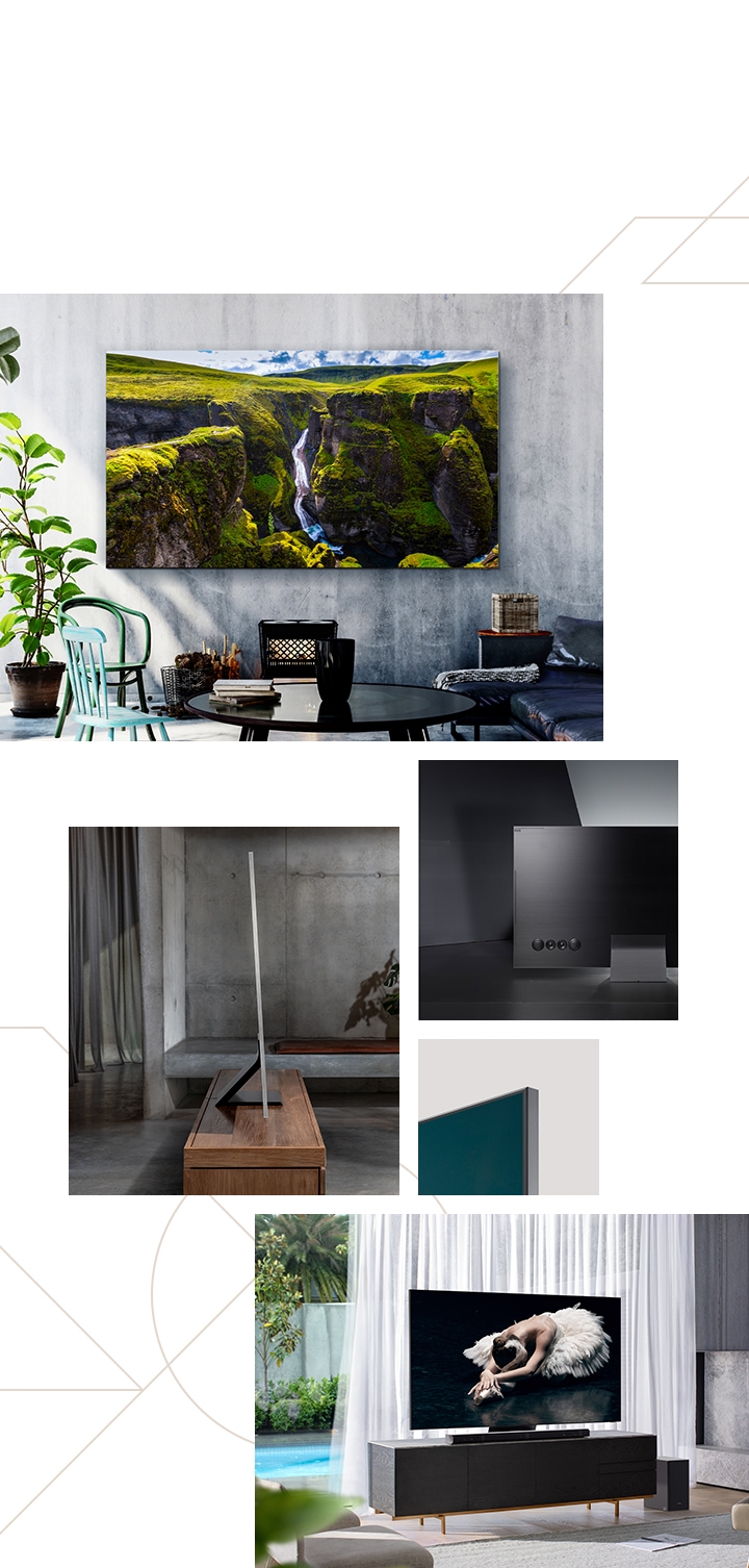 There are about Samsung QLED TV design. 2020 QLED TV is hanging on the wall and the other is standing in a living room. Additional speakers are on the back of TV. QLED's ultra slim standing design and the sideway of QLED which has almost invisible bezel.