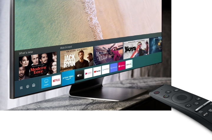 Controlling a 2020 Samsung QLED TV with Samsung One remote control, using Samsung Smart hub functionality on the smart tv.