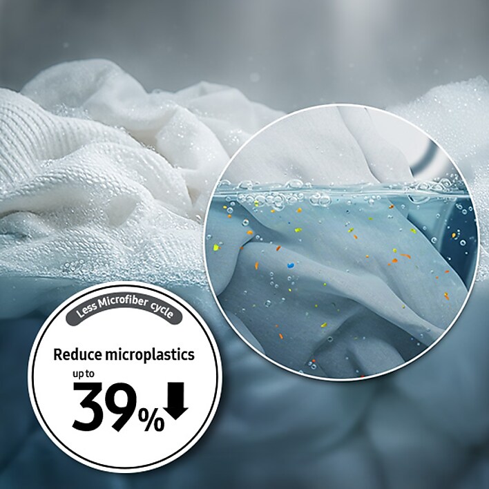 Microplastic reduction features with cleansing foam inside drum and ocean scene with sea turtle Microplastic reduction features with cleansing foam inside drum and ocean scene with sea turtle