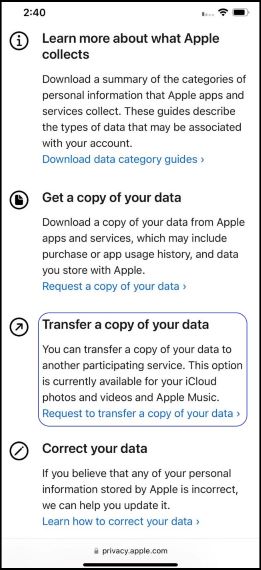 Screenshot of the Apple Privacy page with Transfer Request link