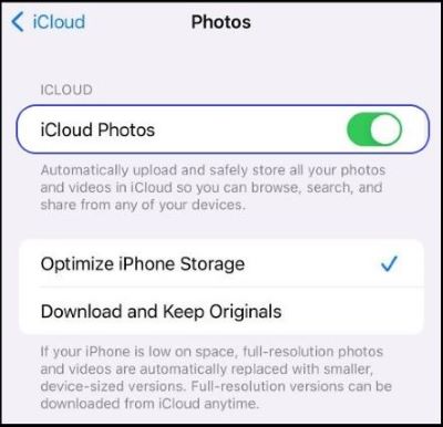Screenshot of iCloud Photos setting