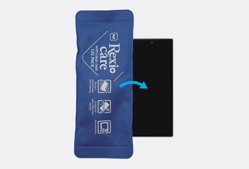 Microwaveable blue heating bag next to a Galaxy Z Fold6.