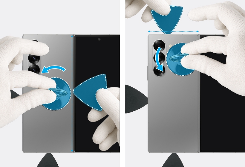 Gloved hands sliding multiple plastic picks under the Galaxy Z Fold6 back glass to loosen the adhesive.