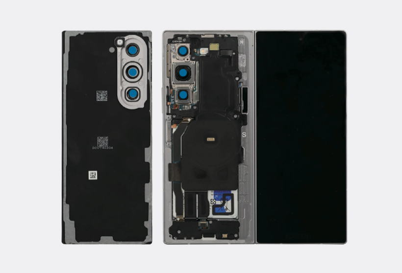 Galaxy Z Fold6 with its back glass removed, showing the exposed internal components.