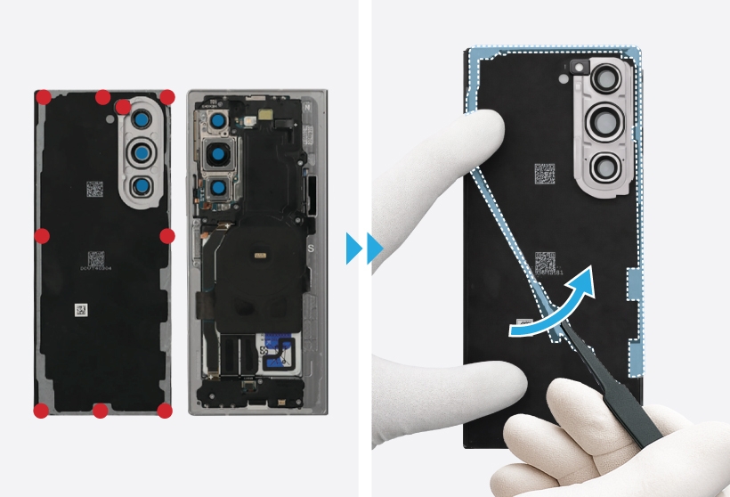 Inside view of the Galaxy Z Fold6 showing screw positions on the back cover and a gloved hand prying off the camera frame adhesive.