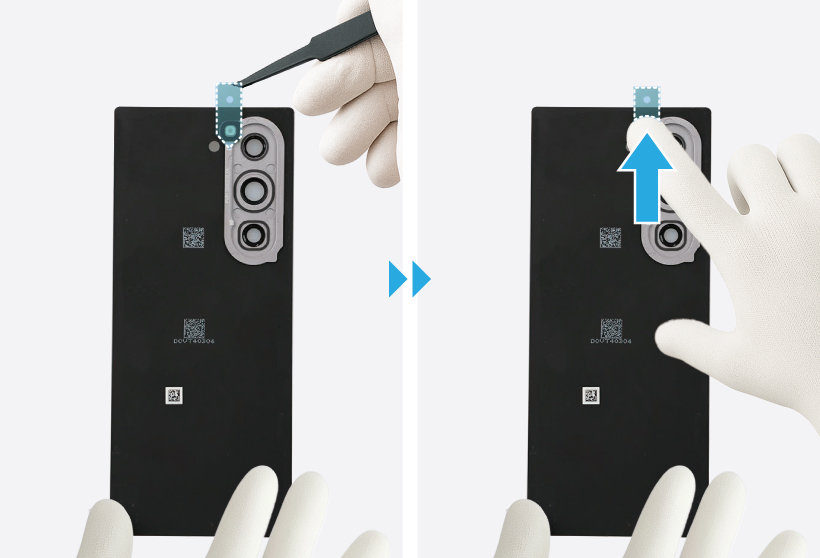 Gloved hands installing the new microphone hole tape on the Galaxy Z Fold6.