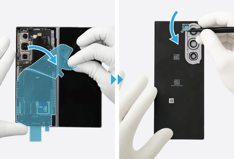 Gloved hand removing the release films on the back cover of the Galaxy Z Fold6.