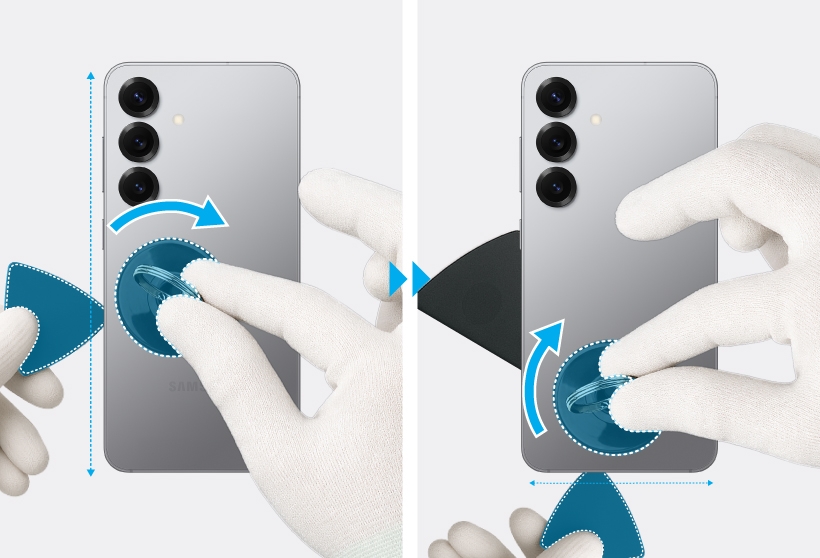 Gloved hands using a suction cup and plastic pick to separate the Galaxy S25 back glass along the edges.