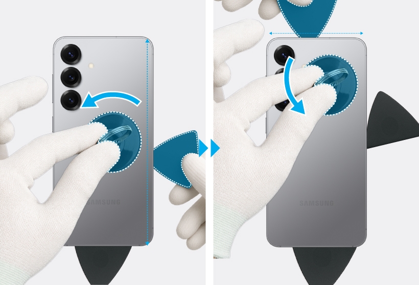 Gloved hands sliding multiple plastic picks under the Galaxy S25 back glass to loosen the adhesive.
