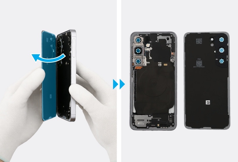 Gloved hands lifting and removing the Galaxy S25 back glass, showing the exposed internal components.