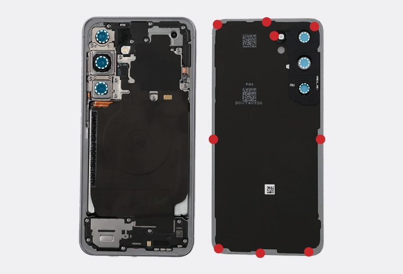 Inside view of the Galaxy S25 showing screw positions on the back cover.