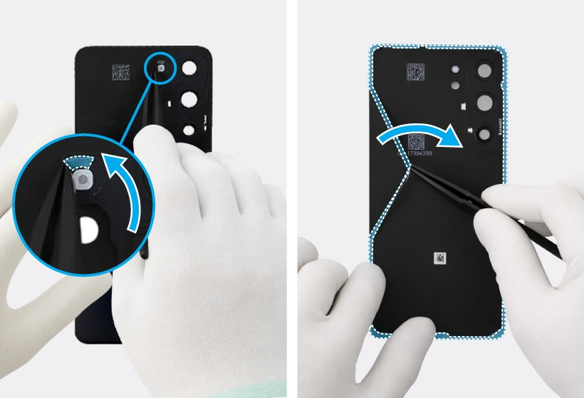 Inside view of the Galaxy S25 showing screw positions on the back cover and a gloved hand prying off the camera frame adhesive.