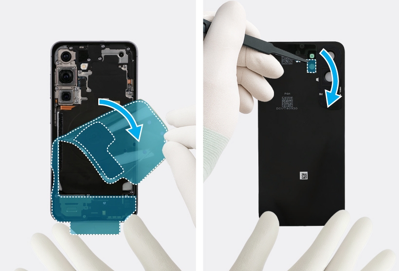 Gloved hand removing the release films on the back cover of the Galaxy S25.