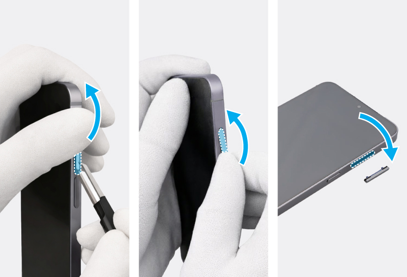 Sequence showing tweezers prying out the long volume button from the side of the phone frame.