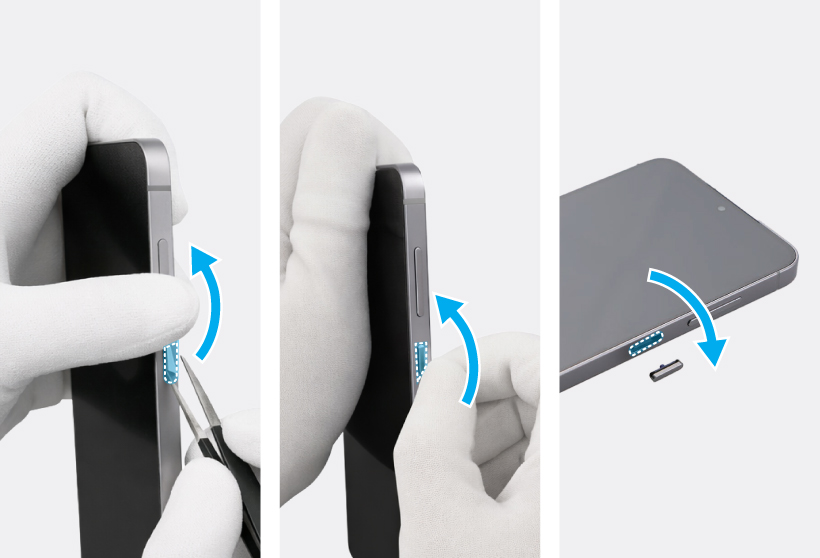 Sequence showing tweezers prying out the short side button from the side of the phone frame.
