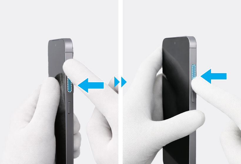 Sequence showing a finger pressing the long volume button into the side of the phone.