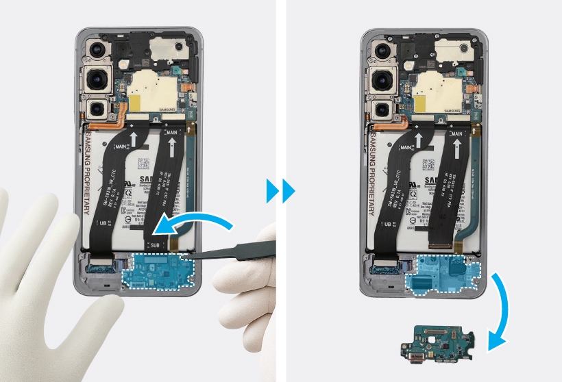 Gloved hands removing the charging port and microphone assembly from the bottom section of the Galaxy S25 using a tweezer, followed by the assembly lifted out of the device.