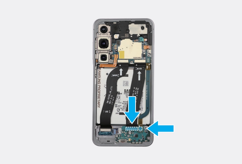 Galaxy S25 showing the two flex cable connectors connected to the charging port.