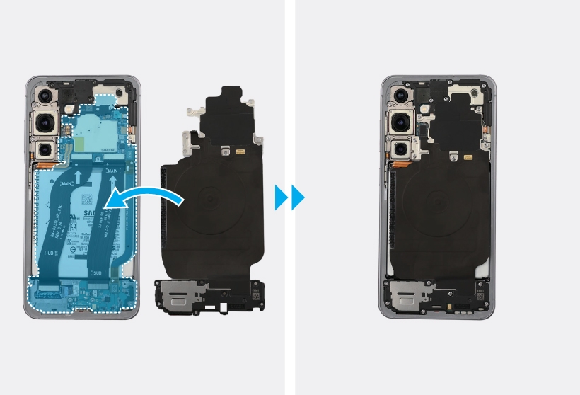 Galaxy S25 with the wireless charging and speaker module aligned over the frame on the left, and fully installed on the right.