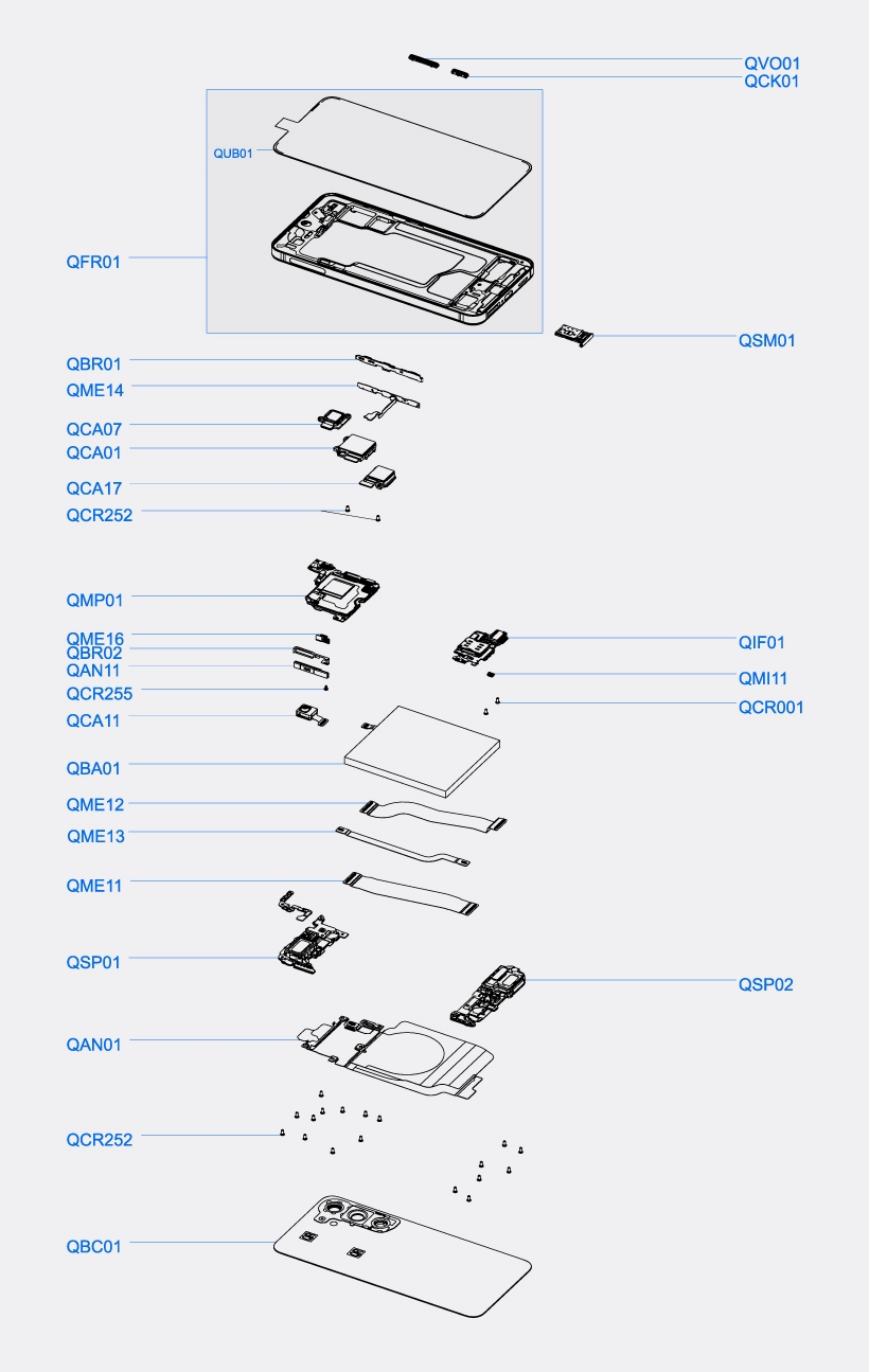 Exploded diagram view of the Galaxy S25 showing the display, frame, internal components, and back cover disassembled.