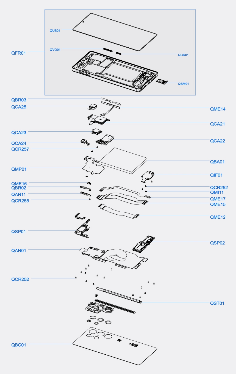 Exploded diagram view of the Galaxy S25 Ultra showing the display, frame, internal components, and back cover disassembled.