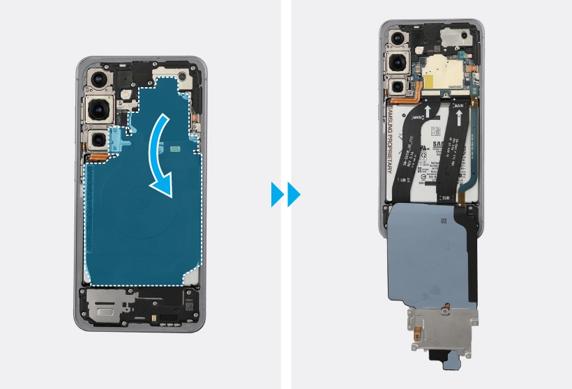 Metal plate highlighted in the Galaxy S25 interior and tilting it downward as it is removed.