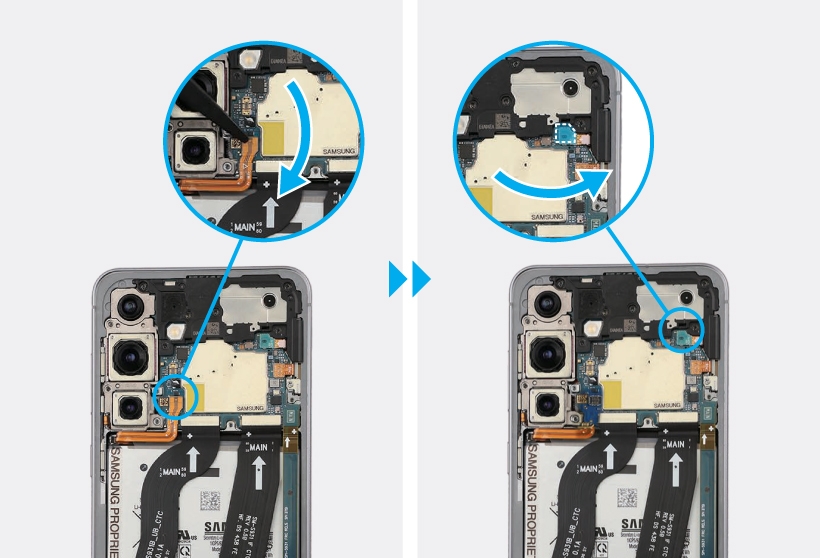 Close-up of battery connector in the Galaxy S25 main board.