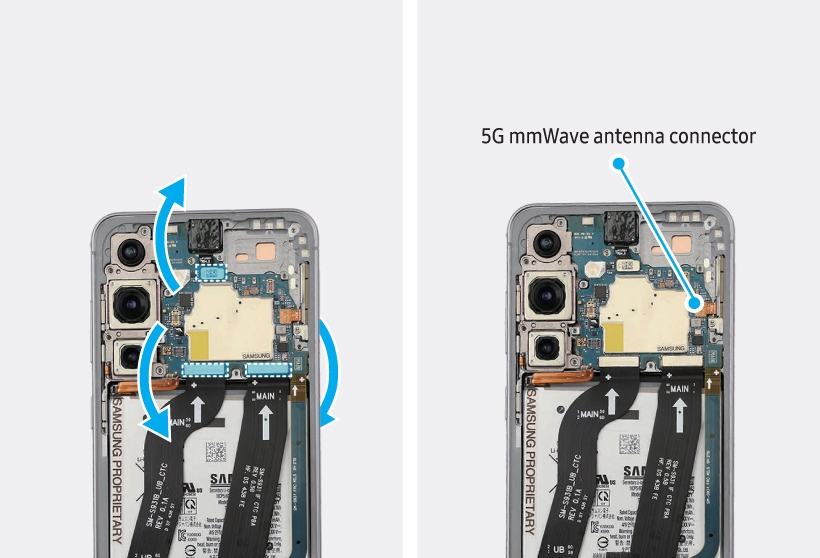 Highlighted arrows showing the front camera connector and three flex cable connectors in the Galaxy S25 main board.