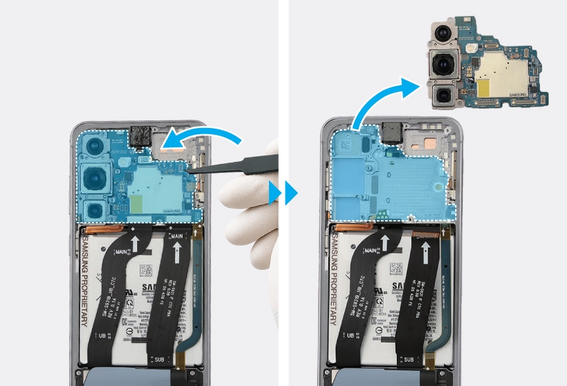 Gloved hand using a tweezer lifting the separator groove of the main board from the Galaxy S25 and removing it from the device.
