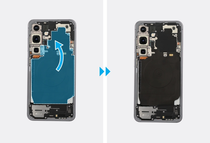 Wireless charging module inside the Galaxy S25 being lowered back into place.