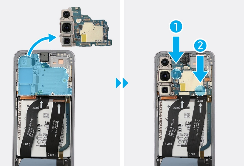 Galaxy S25 interior with the main board module separated on the left, attached on the right.