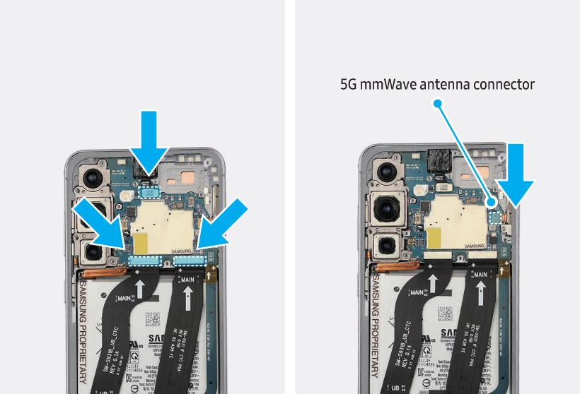 Main board showing multiple connectors being reattached on the left, close-up of the main board part showing the 5G mmWave antenna connector highlighted with an arrow.