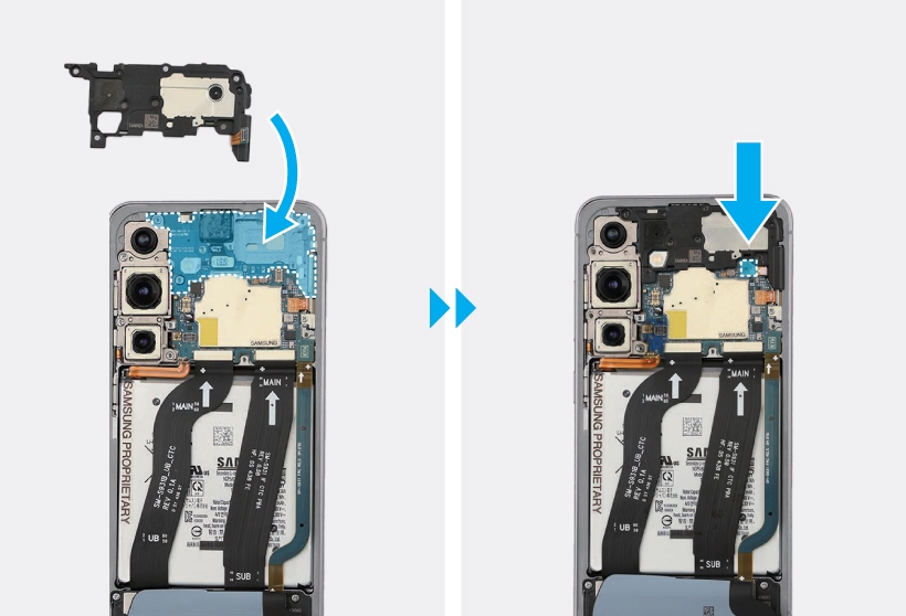 Rear top cover positioned above the device frame on the left and shown installed on the right, with a highlighted top FRC connector location.