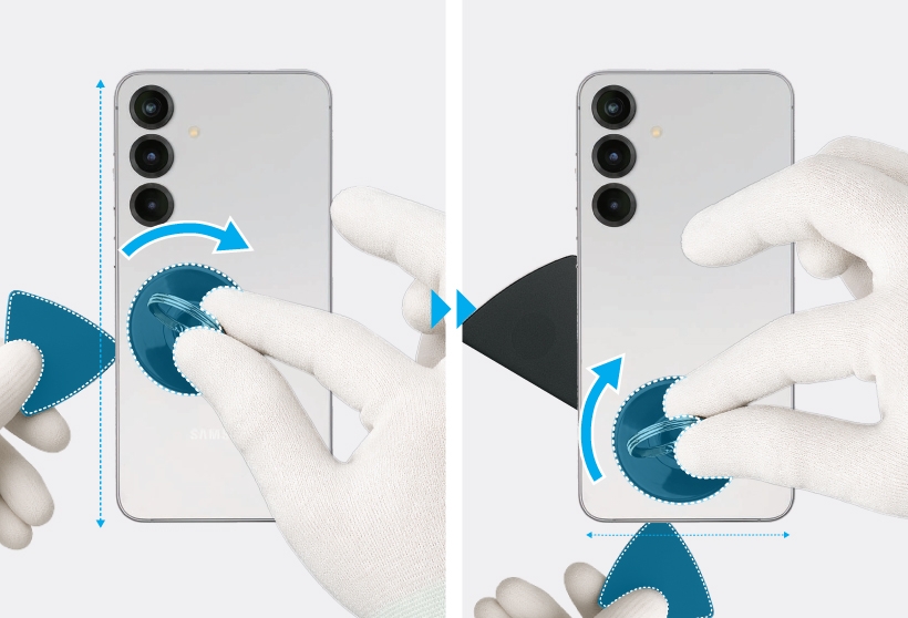 Sequence showing a blue opening pick sliding along the side edges of a Galaxy S25 Plus.