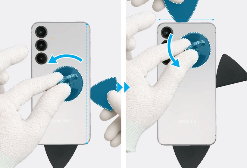 Sequence showing opening picks wedged into the top and sides of a Galaxy S25 Plus frame.