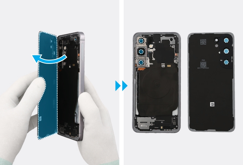 Galaxy S25 Plus with the back cover fully removed, revealing internal battery and components.