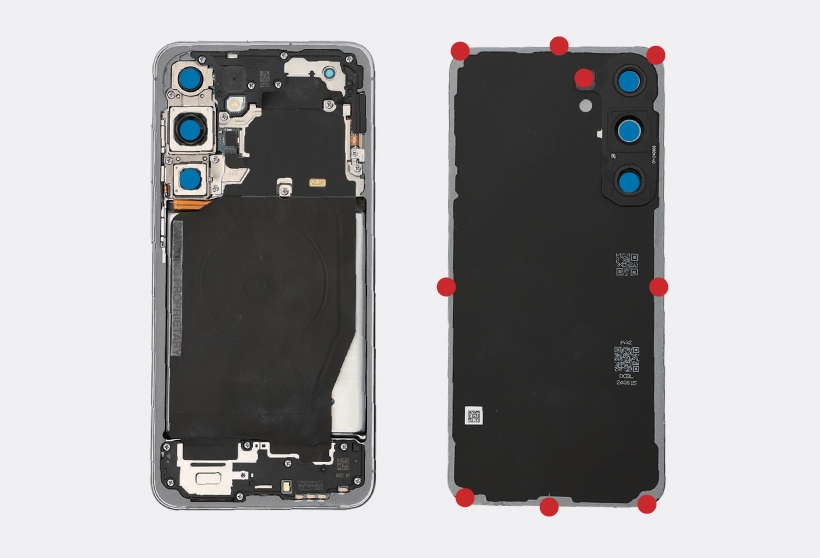 A top-down view of a disassembled Galaxy S25 Plus showing its internal components on the left and the inside of the back cover on the right, with several red and blue dots indicating alignment points.