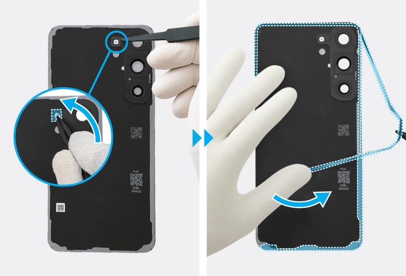 A two-panel image showing a gloved hand using tweezers to remove the adhesive around the microphone hole and a blue outline indicating the adhesive tape being removed.