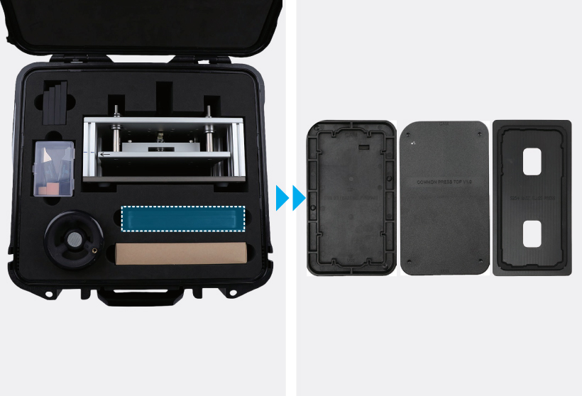 A two-panel image showing a rental tool kit packaging with a blue highlight indicating the tray and pad area on the left, and the bottom press tray, top press tray, and top rubber pad removed from the packaging on the right, with blue double arrow icons between the panels.