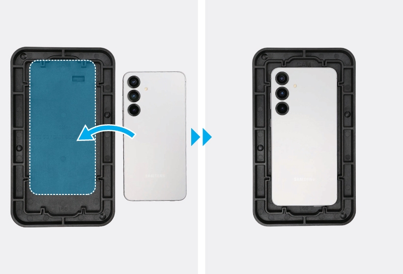 A two-panel image showing a bottom press tray with a blue highlight indicating the placement area, a Galaxy S25 Plus facing down, and a blue arrow icon indicating the placing direction on the left, and the device placed inside the tray on the right, with blue double arrow icons between the panels.
